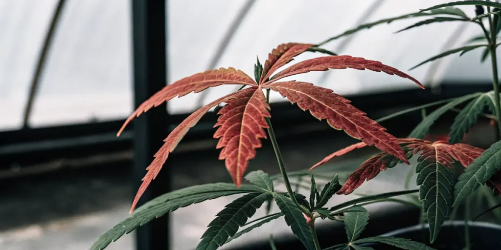 Cannabis plant with red and green leaves displaying color change during growth inside a greenhouse environment.