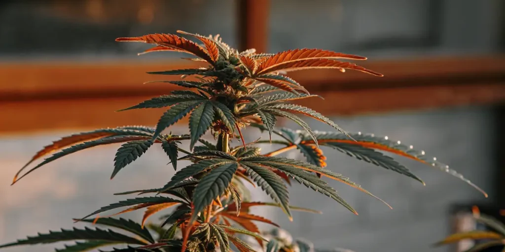 Cannabis plant with reddish leaves and developing buds growing inside a greenhouse
