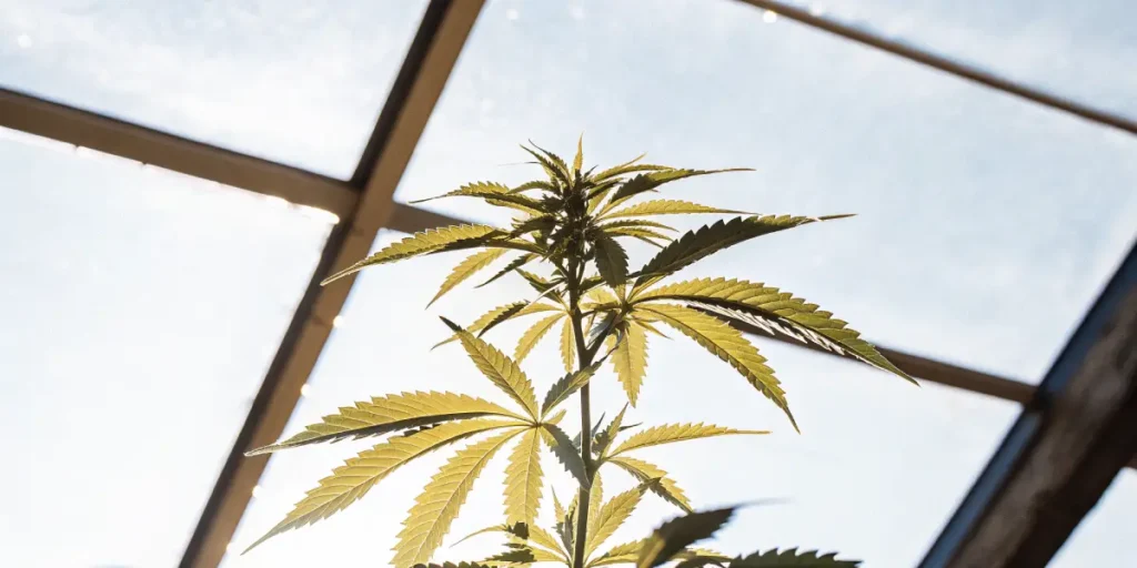 Cannabis plant with yellowing leaves growing in a greenhouse under strong backlight