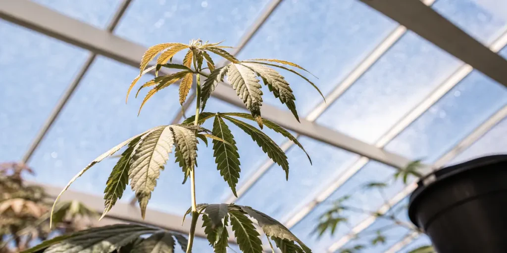 Cannabis plant with yellowing leaves growing under a glass greenhouse roof