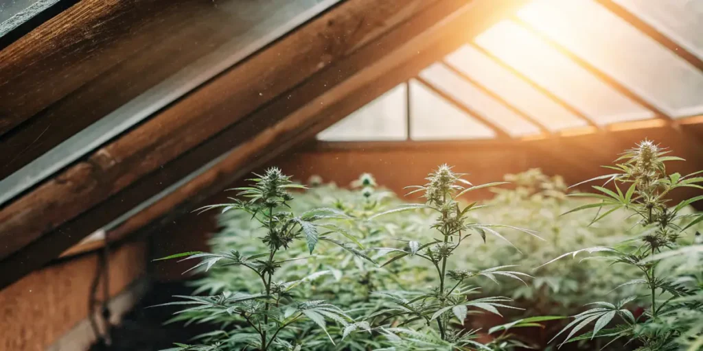 Cannabis plants growing in an attic-style greenhouse illuminated by natural sunlight during the flowering stage.