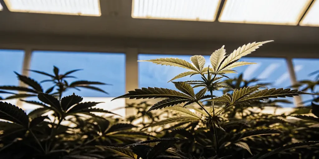 Cannabis plants growing under a glass greenhouse roof with natural daylight