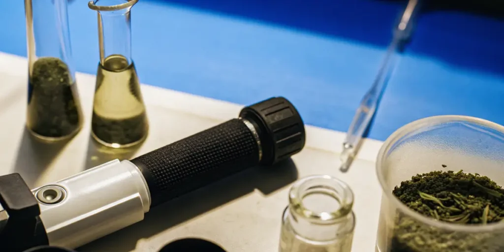 Handheld refractometer placed on a laboratory bench beside cannabis samples and glass flasks during brix analysis.