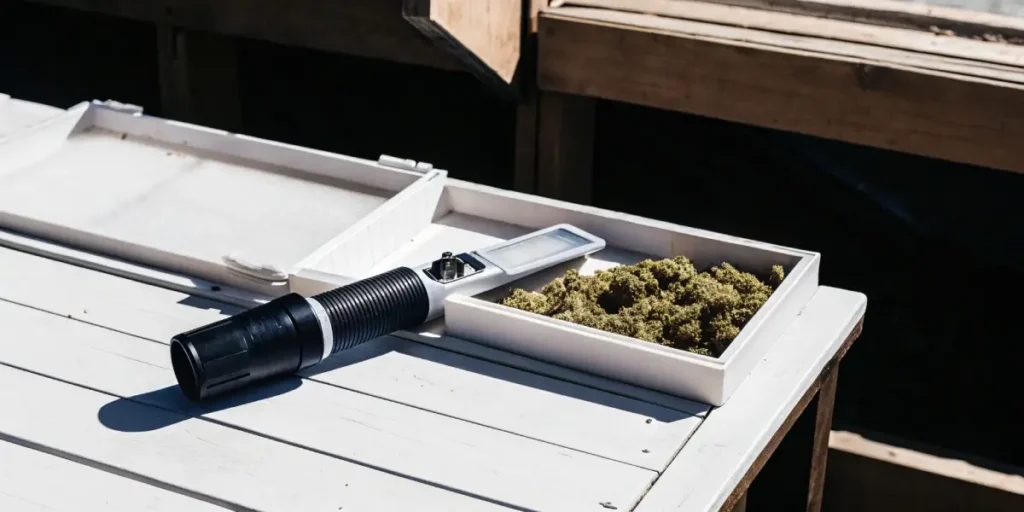 Cannabis refractometer used for trichome and potency analysis on a wooden workbench
