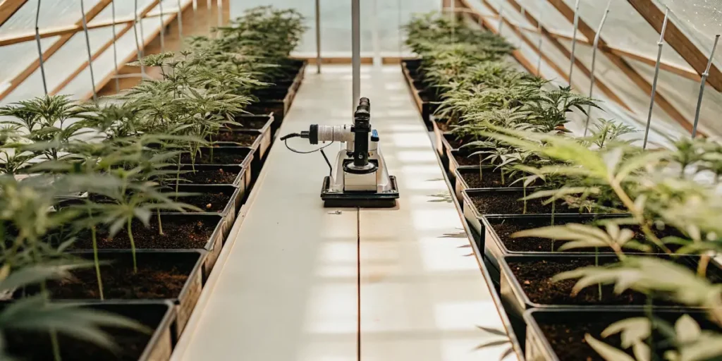 Cannabis seedlings growing in a greenhouse with a microscope used for plant research and analysis.