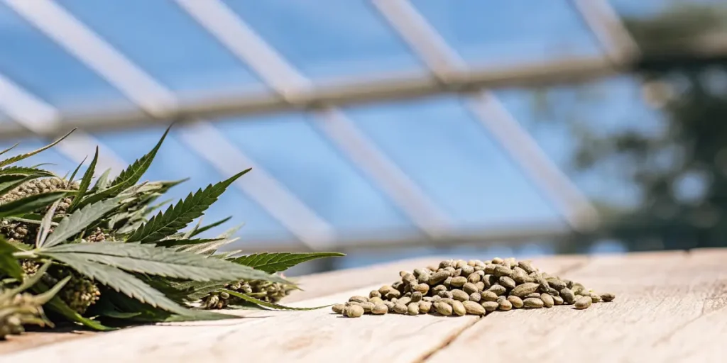 Cannabis seeds next to fresh cannabis leaves on a wooden table under natural greenhouse light
