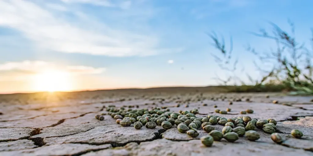 Cannabis seeds scattered on cracked arid soil under a warm sunset sky