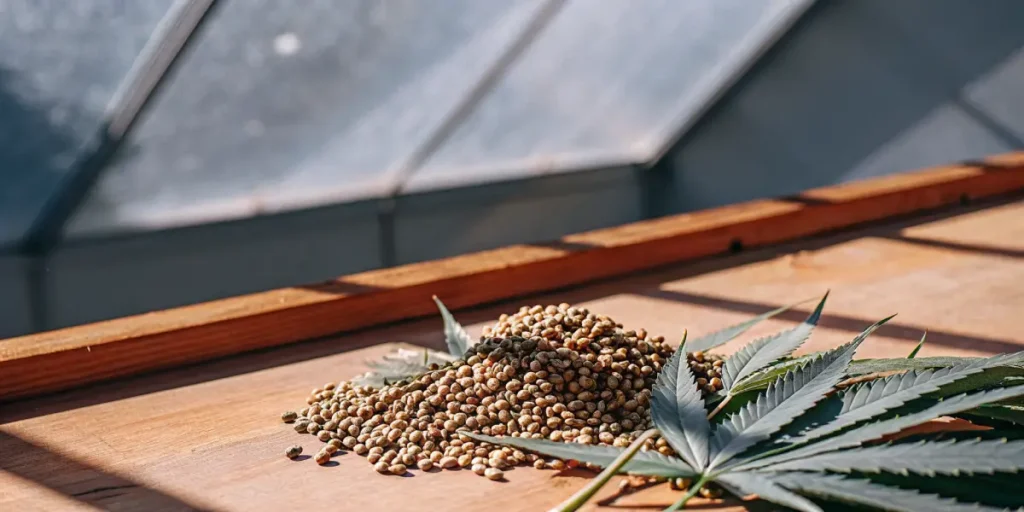 Pile of cannabis seeds on a wooden table inside a greenhouse, with a cannabis leaf beside the seeds