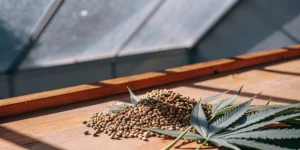 Pile of cannabis seeds on a wooden table inside a greenhouse, with a cannabis leaf beside the seeds