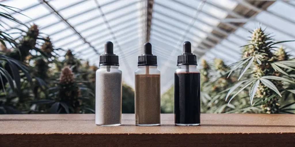 Three bottles filled with cannabis terpene powders displayed on a wooden table inside a greenhouse surrounded by flowering cannabis plants.
