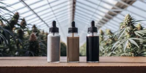 Three bottles filled with cannabis terpene powders displayed on a wooden table inside a greenhouse surrounded by flowering cannabis plants.