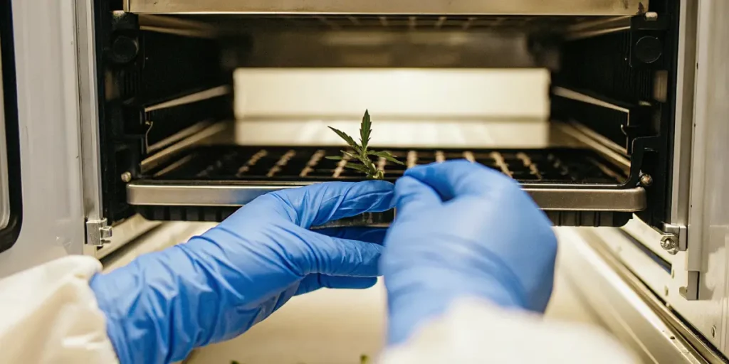 Scientist wearing gloves handling a small cannabis plant sample inside a controlled laboratory chamber.