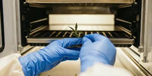 Scientist wearing gloves handling a small cannabis plant sample inside a controlled laboratory chamber.