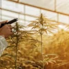 Grower checking cannabis plant health with a refractometer under greenhouse lighting