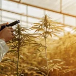 Grower checking cannabis plant health with a refractometer under greenhouse lighting
