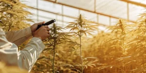 Grower checking cannabis plant health with a refractometer under greenhouse lighting