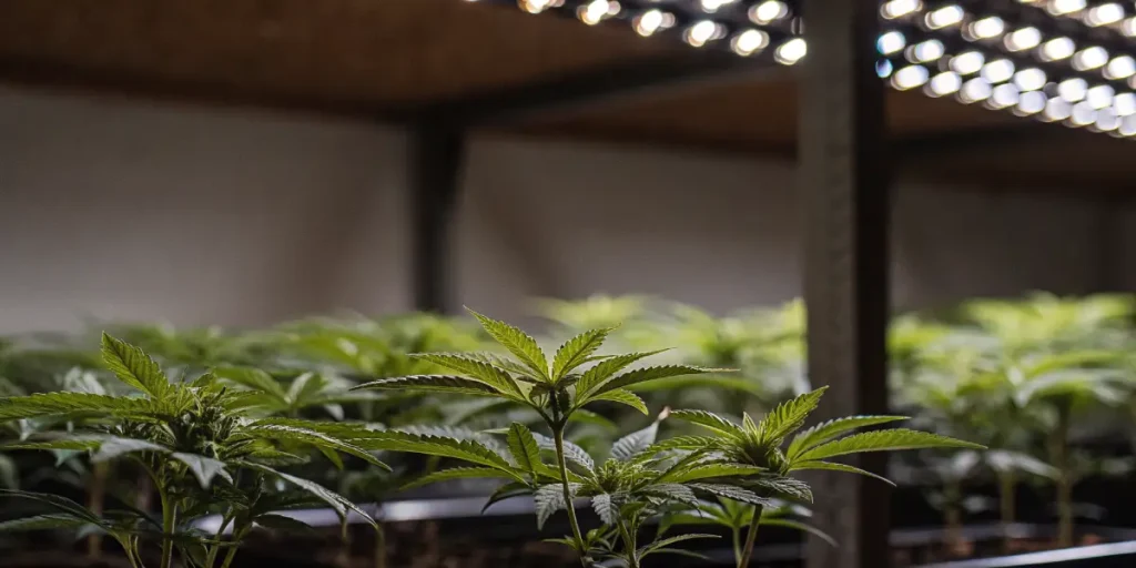 Plantes de cannabis en culture intérieure sous éclairage LED avec feuillage dense et croissance uniforme.