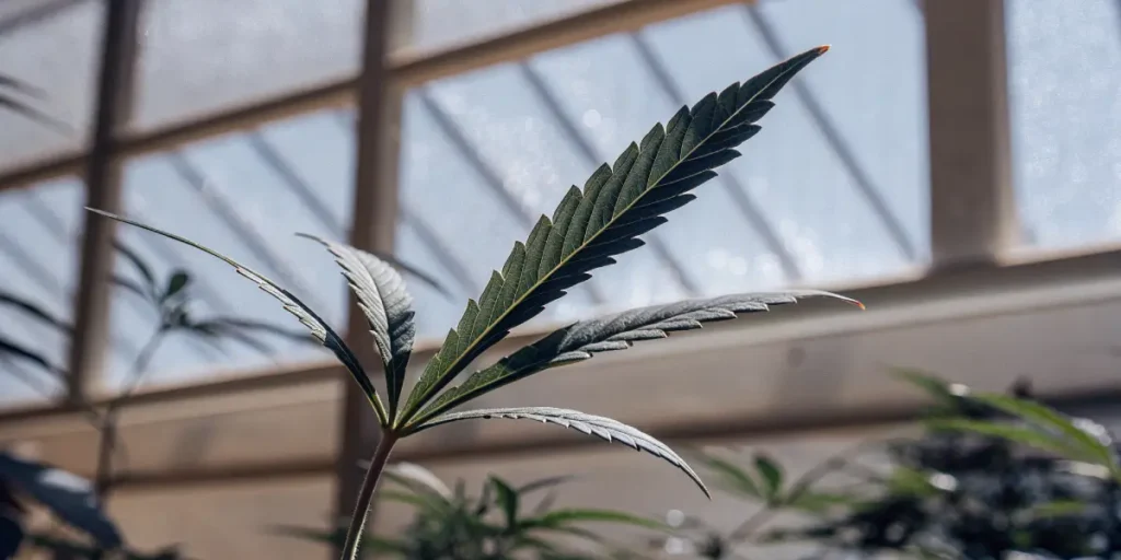 Dark green cannabis leaf with defined serrated edges growing indoors beneath a greenhouse roof.