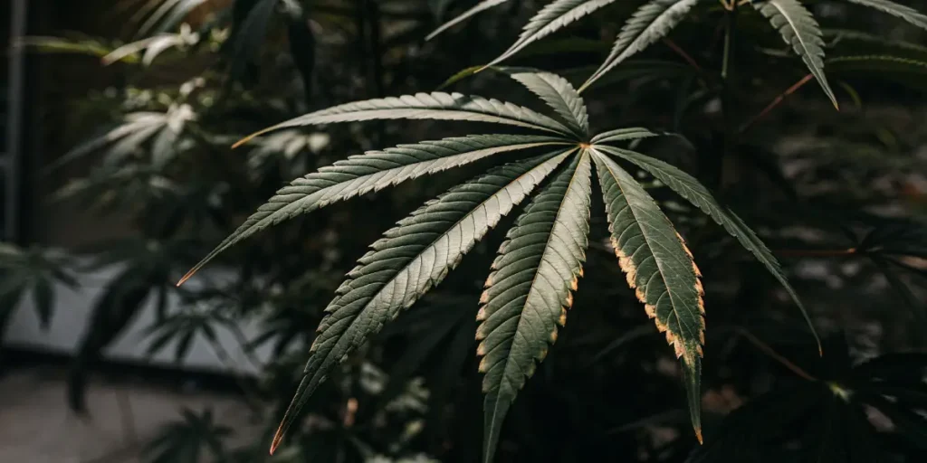 Dark green cannabis leaf with slight burnt edges and serrated structure growing indoors.