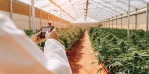 Digital measurement device used by a technician to analyze cannabis plants growing in rows inside a greenhouse.