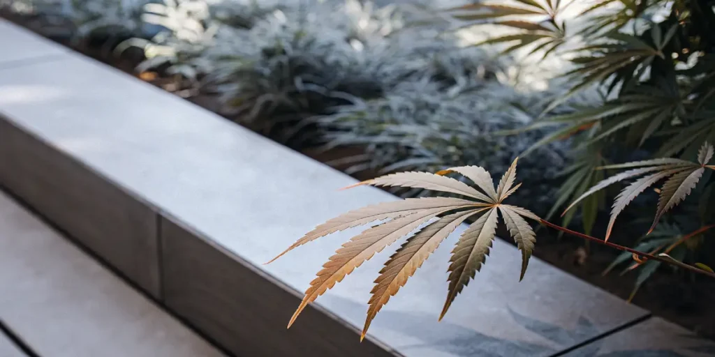 Feuille de cannabis jaunissante observée en culture intérieure, montrant une décoloration progressive liée au stress ou à une carence.