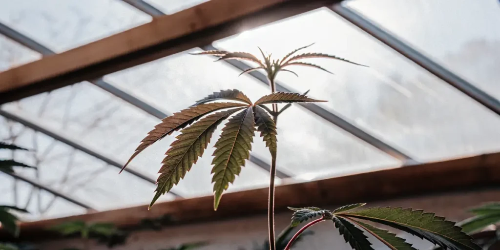 Jeune feuille de cannabis en croissance sous une serre, exposée à une lumière naturelle douce