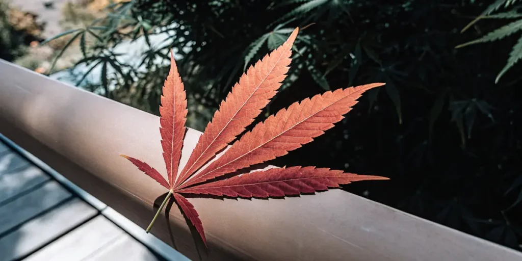 Feuille de cannabis rouge posée sur un rebord, caractéristique d’une plante en fin de cycle ou exposée à des variations environnementales.