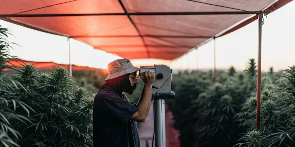 Field researcher using an optical measurement instrument while inspecting cannabis plants in a large outdoor cultivation area at sunset.