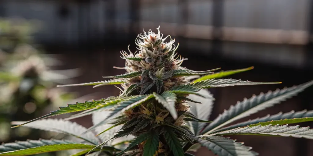 Fleur de cannabis mature riche en trichomes, avec pistils visibles et feuilles vertes sous lumière naturelle