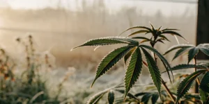Frost-covered cannabis leaf outdoors during early morning, showing serrated edges and natural cold stress conditions.