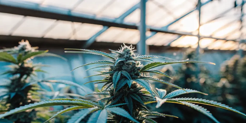 Close-up of a mature cannabis bud growing in a greenhouse under controlled LED lighting conditions.