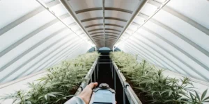 Cannabis cultivator using a refractometer to monitor plant health in a greenhouse
