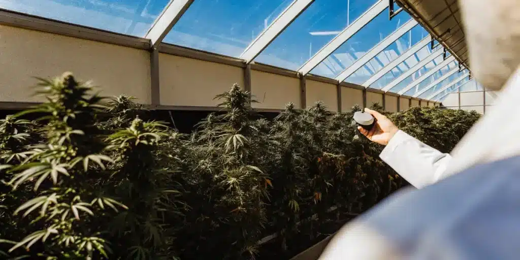 Handheld monitoring device used to inspect cannabis plants inside a large greenhouse cultivation facility.