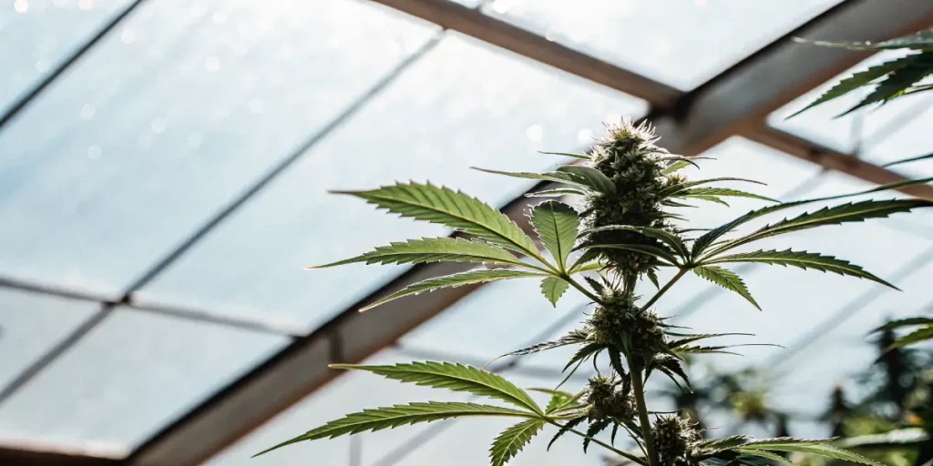 Cannabis plant flowering under natural sunlight inside a greenhouse with healthy green leaves
