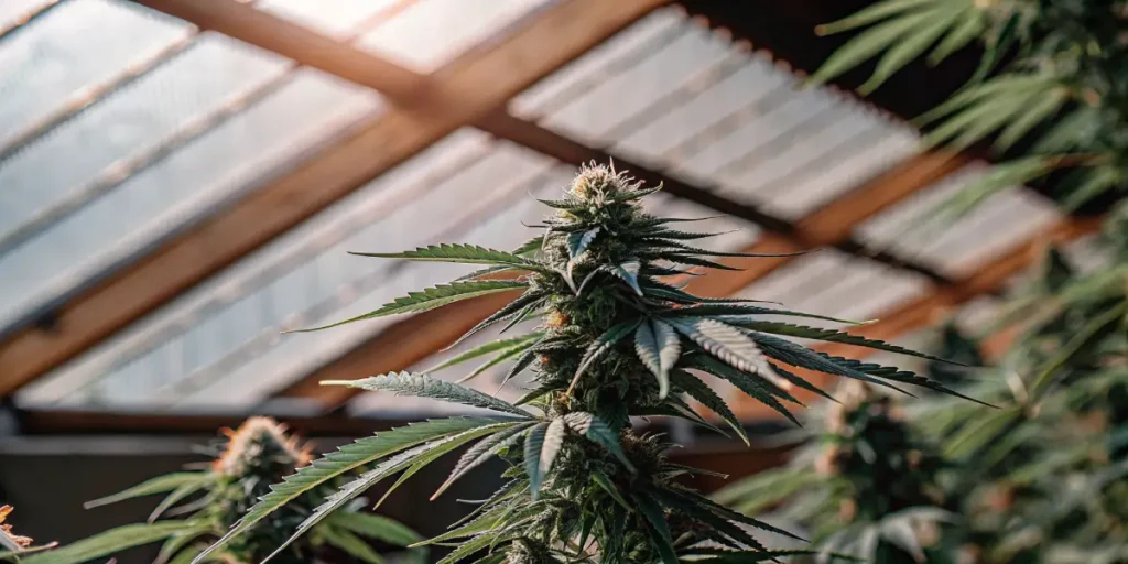Close-up of a flowering cannabis plant growing inside a greenhouse under natural light