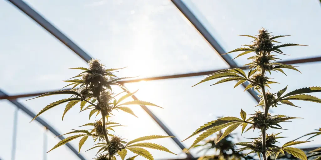 Tall cannabis plants flowering in a greenhouse, backlit by sunlight through the glass roof.