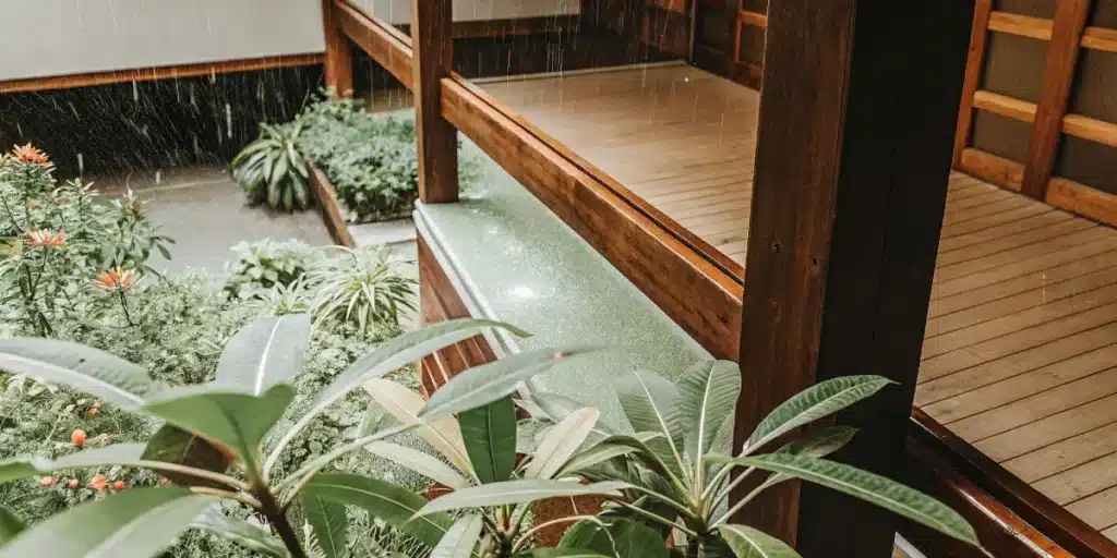 Lush greenhouse garden receiving natural rainfall near a wooden structure
