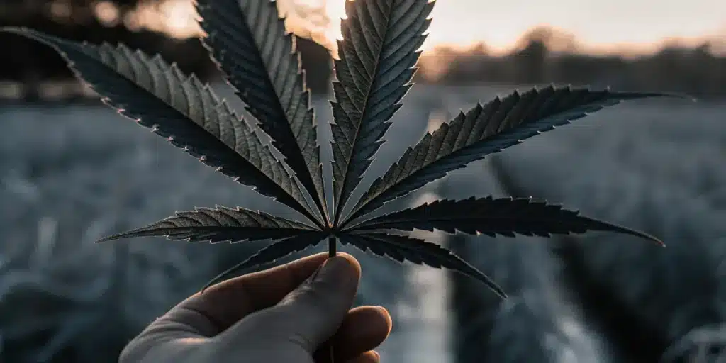Hand holding a dark cannabis leaf outdoors at dawn, showing leaf structure and healthy serrated edges.