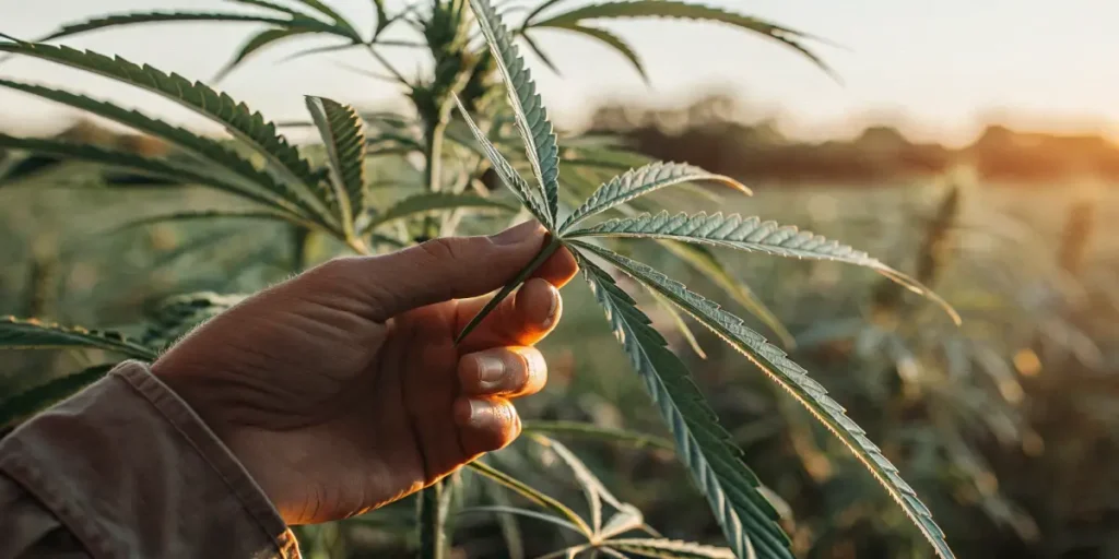 Hand holding a green cannabis leaf in a sunlit field at sunset, with visible veins and healthy foliage.