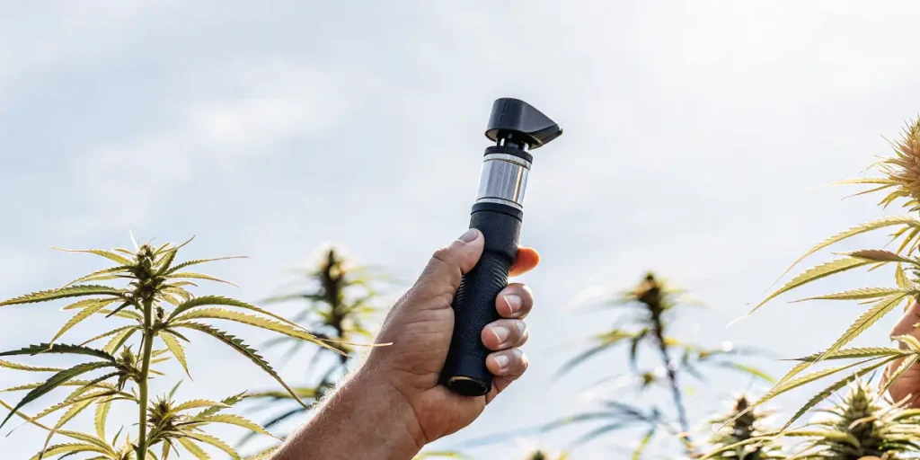 Hand holding a refractometer while measuring plant health in a cannabis greenhouse during daylight.