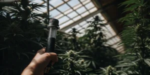 Hand holding a handheld refractometer while checking cannabis buds growing inside a greenhouse.