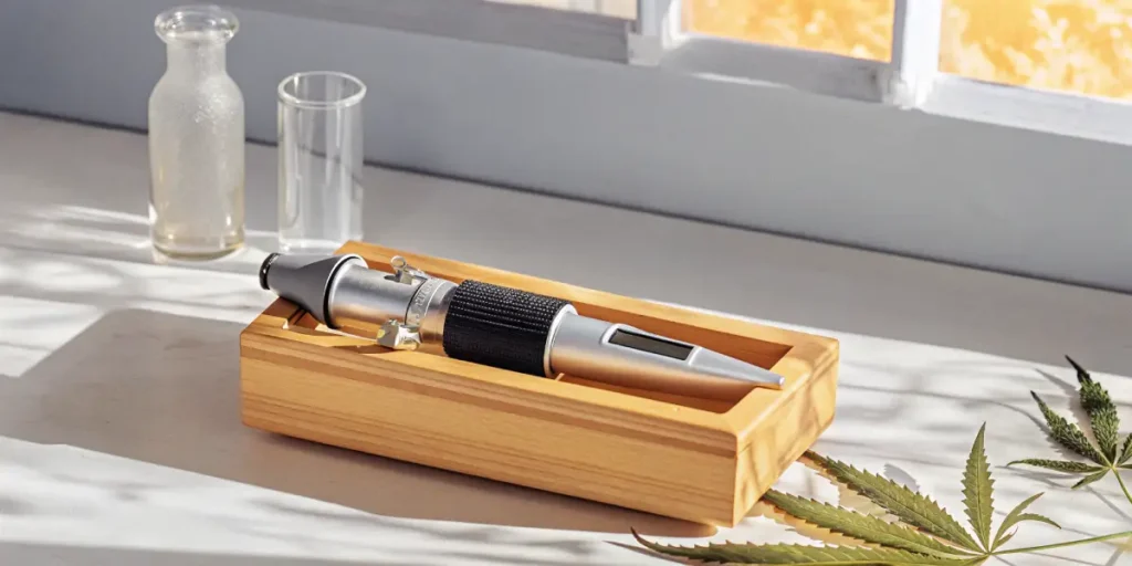 Handheld refractometer resting on a wooden stand in a laboratory setting used for cannabis quality analysis.