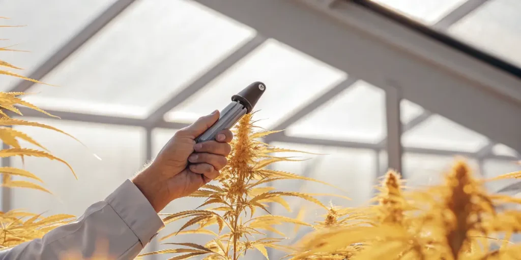 Handheld refractometer measuring sugar levels in a mature cannabis bud inside a sunlit greenhouse
