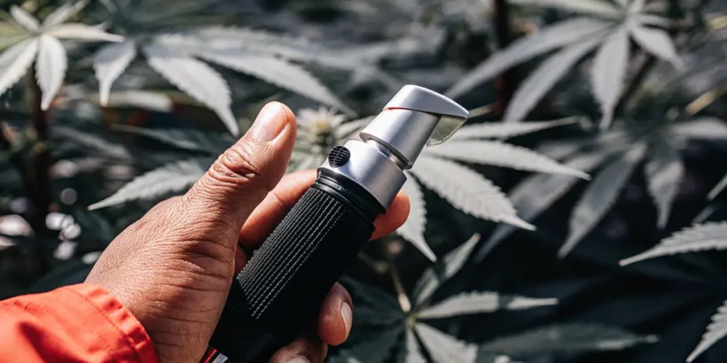Handheld refractometer held above cannabis plants to assess crop quality and sugar levels.