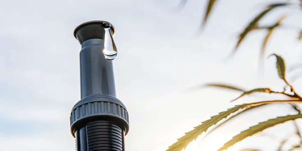 Handheld refractometer with a visible sap drop used to measure brix levels in a cannabis plant outdoors