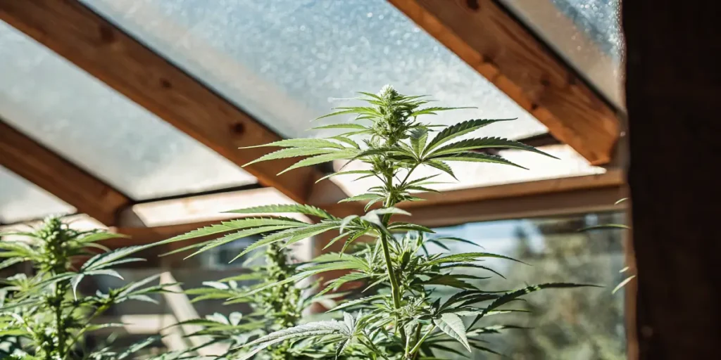 Healthy autoflower cannabis plant growing indoors in a greenhouse with vibrant green leaves and compact bud formation.