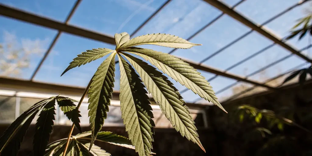 Healthy cannabis leaf growing under natural light in a greenhouse