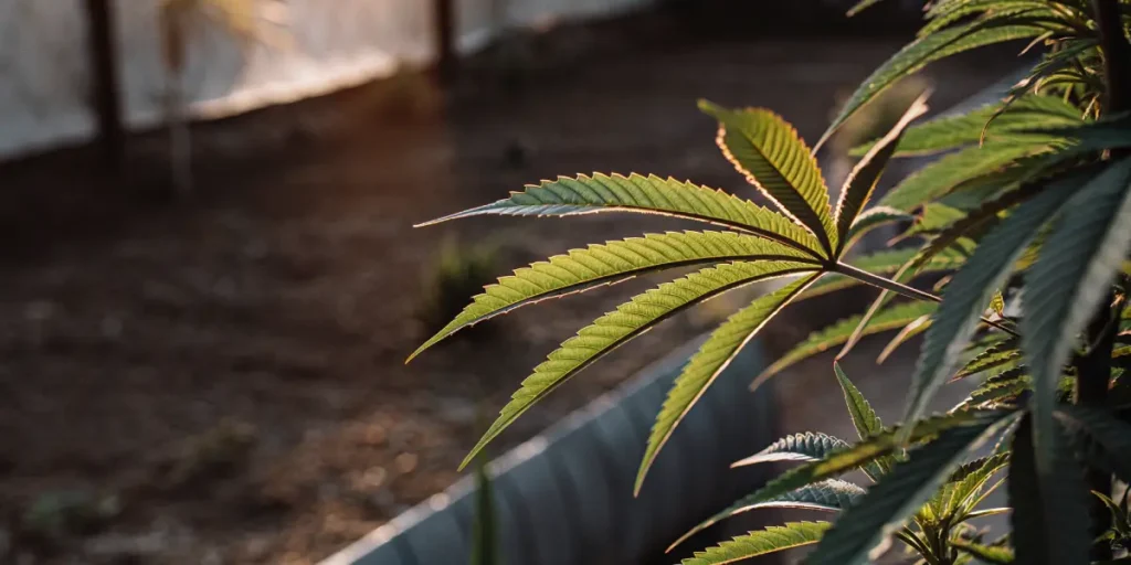 Healthy green cannabis leaf illuminated by warm sunlight inside a greenhouse.
