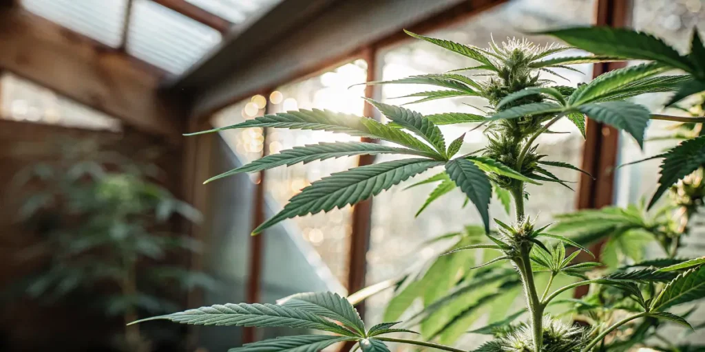 Healthy cannabis plant growing in a greenhouse during the flowering stage with strong green leaves and developing buds.