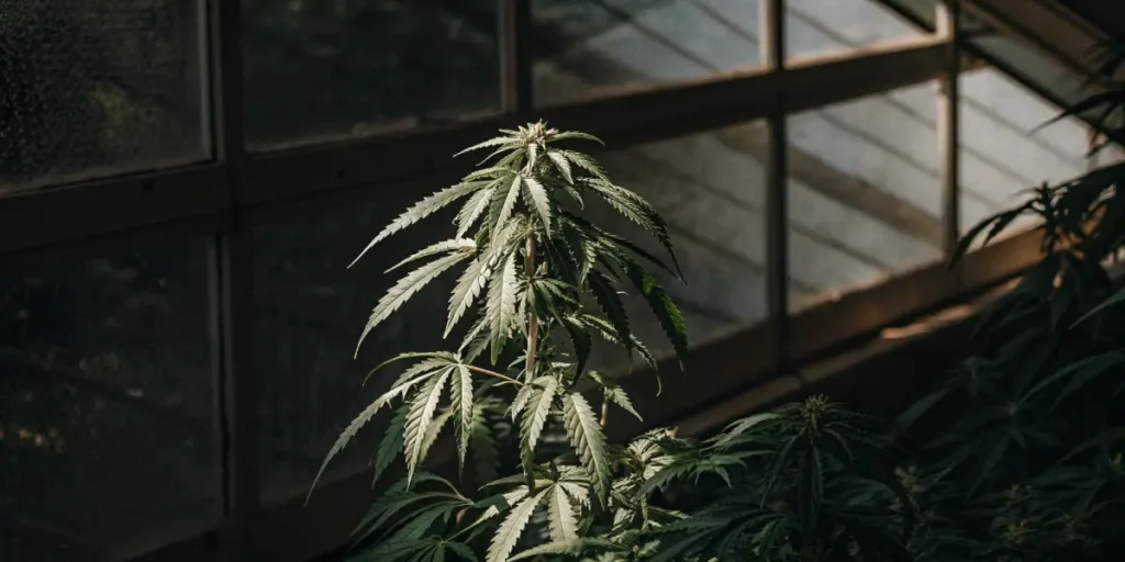 Healthy cannabis plant growing in a greenhouse with natural light filtering through glass panels
